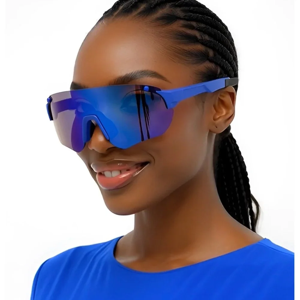 Blue Shield Wrap Sunglasses Mirrored Lens Sporty Women Performance Shades Lentes